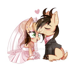 Size: 800x714 | Tagged: safe, artist:ipun, oc, oc only, earth pony, hybrid, pony, clothes, dress, female, heart eyes, horns, kissing, male, mare, oc x oc, shipping, simple background, sitting, stallion, straight, transparent background, tuxedo, unshorn fetlocks, watermark, wedding dress, wingding eyes