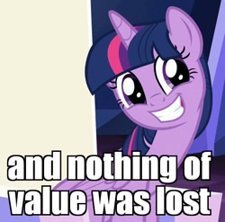 Size: 510x503 | Tagged: safe, edit, edited screencap, screencap, twilight sparkle, twilight sparkle (alicorn), alicorn, pony, to where and back again, and nothing of value was lost, cute, eye shimmer, grin, image macro, loop, meme, sitting, smiling, solo, squee, the critic, throne, twiabetes