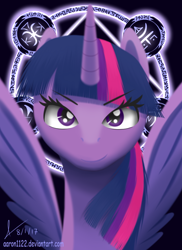 Size: 800x1100 | Tagged: safe, artist:aaron1122, twilight sparkle, twilight sparkle (alicorn), alicorn, pony, bust, looking at you, magic, magic circle, portrait, solo