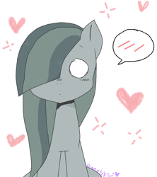 Size: 1068x1204 | Tagged: safe, artist:chametzkiwi, marble pie, pony, blushing, hair over one eye, sitting, solo