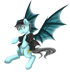 Size: 1024x1067 | Tagged: safe, artist:redheadfly, oc, oc only, bat pony, pony, clothes, commission, fangs, hat, jacket, male, security guard, simple background, smiling, solo, spread wings, stallion, transparent background, wings