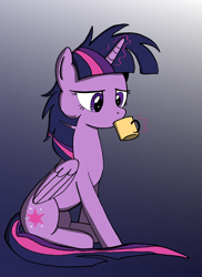 Size: 3396x4666 | Tagged: safe, artist:ravio-li, twilight sparkle, twilight sparkle (alicorn), alicorn, pony, absurd resolution, coffee, cup, drinking, glowing horn, gradient background, magic, messy mane, morning ponies, sitting, solo