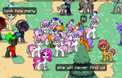 Size: 550x352 | Tagged: safe, babs seed, scootaloo, sweetie belle, oc, herd, pony town, rarifruit