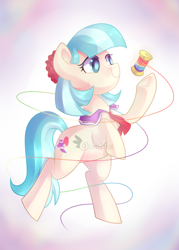 Size: 3000x4200 | Tagged: safe, artist:drawntildawn, coco pommel, earth pony, pony, absurd resolution, female, mare, rainbow thread, raised hoof, rearing, smiling, solo, watermark