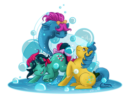 Size: 1000x787 | Tagged: safe, artist:jullelin, bubbles (g1), fizzy, wave jumper, earth pony, pony, sea pony, unicorn, g1, playing, raised hoof, simple background, transparent background, trio