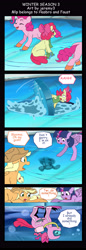 Size: 1951x5701 | Tagged: safe, artist:jeremy3, derpibooru import, apple bloom, applejack, pinkie pie, twilight sparkle, twilight sparkle (alicorn), alicorn, earth pony, pony, comic:winter season, absurd resolution, clothes, comic, comic strip, hooded wetsuit, ice, ice skates, ice skating, knife, scarf, scuba, scuba gear, upset, wetsuit