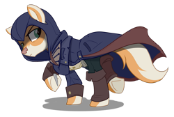 Size: 1387x932 | Tagged: safe, artist:jadedjynx, oc, oc only, oc:foxtor volpes, earth pony, fox, fox pony, hybrid, pony, assassin's creed, clothes, coat, commission, crossover, hidden blade, hood, male, multicolored tail, pants, simple background, solo, stallion, transparent background, ubisoft