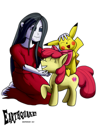 Size: 915x1201 | Tagged: safe, artist:earthquake87, apple bloom, human, pikachu, child, chin scratch, corpse party, crossover, cute, cutie mark, eyes closed, ikue otani, pikabloom, pokémon, sachiko shinozaki, simple background, smiling, the cmc's cutie marks, transparent background, voice actor joke