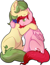 Size: 462x600 | Tagged: safe, artist:yujami, oc, oc only, oc:cotton candy, oc:mossy vine, earth pony, pegasus, pony, cute, gay, hug, male, shipping, stallion