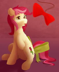 Size: 1200x1462 | Tagged: safe, artist:furuwaru, roseluck, behaving like a cat, bow, cute, fluffy, sitting, tail bow, tongue out