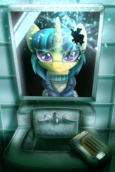 Size: 2400x3600 | Tagged: safe, artist:elmutanto, oc, oc only, oc:sparkplug, pony, unicorn, fallout equestria, fallout equestria: crimson tide, bathroom, big boss, blue mane, broken mirror, clothes, coat, crossover, dark, dirty, fallout, female, food, holotape, long coat, magenta eyes, mare, metal gear solid, metal gear solid 5, mirror, multiple variants, orange, orange coat, reflection, riot gear, scene interpretation, shattered mirror, sink, solo, sweater, teenager