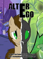 Size: 1024x1408 | Tagged: safe, artist:lazingabout94, oc, oc only, oc:alter ego, changeling, changeling oc, comic, cover, green changeling