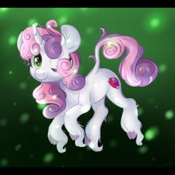 Size: 1200x1200 | Tagged: safe, artist:rizzych, sweetie belle, classical unicorn, cloven hooves, cutie mark, leonine tail, long feather, one eye closed, solo, the cmc's cutie marks, unshorn fetlocks, wink