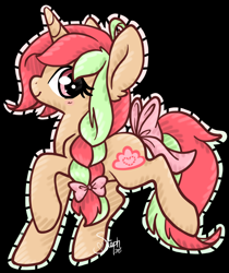 Size: 800x954 | Tagged: safe, artist:coffeecuppup, oc, oc only, oc:thimble, pony, unicorn, bow, braid, female, hair bow, mare, solo, tail bow