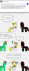 Size: 1133x2694 | Tagged: safe, artist:ask-luciavampire, oc, oc only, alicorn, vampire, vampony, alicorn oc, ask, dialogue, rainbow hair, trio, tumblr, tumblr:ask-luciavampire