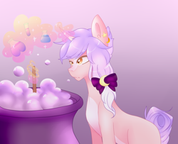 Size: 1074x870 | Tagged: safe, artist:kittii-kat, oc, oc only, oc:amara, pony, unicorn, bow, cauldron, female, gradient background, hair bow, magic, mare, potion, solo