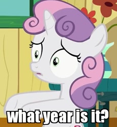 Size: 437x475 | Tagged: safe, edit, edited screencap, screencap, sweetie belle, the fault in our cutie marks, confused, image macro, meme, reaction image, solo, time