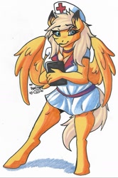 Size: 1170x1765 | Tagged: safe, artist:razinoats, oc, oc only, oc:lacey heart, anthro, pegasus, unguligrade anthro, nurse, nurse outfit, solo, traditional art