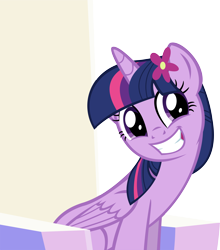 Size: 10502x11951 | Tagged: safe, artist:cyanlightning, twilight sparkle, twilight sparkle (alicorn), alicorn, pony, to where and back again, .svg available, absurd resolution, cute, female, flower, flower in hair, folded wings, mare, simple background, smiling, solo, throne, transparent background, twiabetes, vector