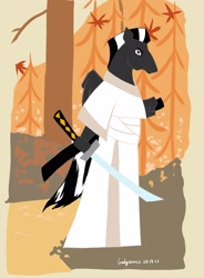 Size: 2207x3000 | Tagged: safe, artist:galgannet, oc, oc only, oc:ruhig fortepiano, anthro, crossover, katana, samurai jack, solo, sword, weapon