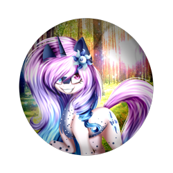 Size: 4500x4500 | Tagged: safe, artist:snowbunny0820, oc, oc only, oc:dayrie stterne, pony, unicorn, absurd resolution, female, flower, flower in hair, forest, heterochromia, mare, raised hoof, simple background, smiling, solo, transparent background