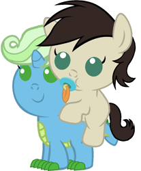 Size: 792x956 | Tagged: safe, artist:red4567, oc, oc only, oc:bonfire, oc:keith, dracony, hybrid, pony, baby, baby dracony, baby pony, cute, ocbetes, pacifier, riding, younger