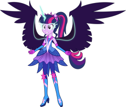 Size: 6121x5218 | Tagged: safe, artist:osipush, midnight sparkle, sci-twi, twilight sparkle, equestria girls, legend of everfree, absurd resolution, alternate universe, boots, commission, corrupted, glowing horn, high heel boots, ponied up, ponytail, simple background, solo, sparkles, spread wings, super ponied up, transparent background, vector, wings