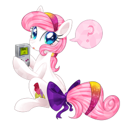 Size: 3800x3687 | Tagged: safe, artist:kaikururu, oc, oc only, oc:crystal rose, crystal pony, pony, bow, commission, cute, female, game boy, looking at you, looking back, mare, nintendo, ocbetes, pokémon, question mark, rear view, simple background, sitting, solo, transparent background