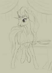 Size: 2480x3508 | Tagged: safe, artist:kirillk, saffron masala, pony, unicorn, female, indoors, monochrome, sketch, solo, table