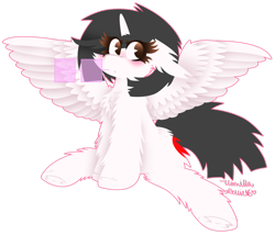Size: 1024x875 | Tagged: safe, artist:vanillaswirl6, oc, oc only, oc:bella, alicorn, pony, alicorn oc, blushing, brown eyes, cheek fluff, chest fluff, chibi, colored eyelashes, cute, cutie mark, ear fluff, female, floppy ears, fluffy, glasses, looking at you, messy mane, mouth hold, no pupils, scrunchy face, signature, simple background, sitting, solo, spread wings, transparent background, underhoof, wing fluff, wings