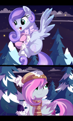 Size: 1600x2635 | Tagged: safe, artist:spookyle, oc, oc only, oc:cloudy dreamscape, oc:graffiti heart, pegasus, pony, cute, female, hat, mare, night, smiling, snow, snowball fight, winter, winter outfit