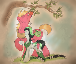 Size: 2029x1718 | Tagged: safe, artist:legally-psychotic, big macintosh, oc, oc:crescendo, pegasus, pony, apple, clothes, female, food, leg warmers, male, mare, mouth hold, scarf, size difference, tree