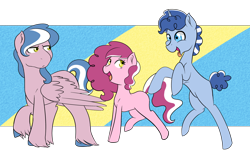 Size: 3188x1990 | Tagged: safe, artist:marukouhai, oc, oc only, oc:dizzy head, oc:lucky treat, oc:okey, earth pony, pegasus, pony, unicorn, female, male, mare, offspring, parent:pinkie pie, parent:pokey pierce, parents:pokeypie, silly, stallion, tongue out