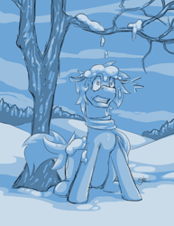 Size: 1020x1320 | Tagged: safe, artist:kiramoses, oc, oc only, oc:corduroy road, earth pony, pony, bare tree, blue, clothes, cold, male, scarf, sitting, snow, snowfall, solo, stallion, teeth, teeth grinding, tree, winter