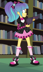 Size: 424x718 | Tagged: safe, screencap, pixel pizazz, equestria girls, photo finished, book, clothes, cropped, hair dryer, pigtails, shoes, skirt, socks, solo, twintails