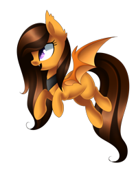 Size: 2194x2768 | Tagged: safe, artist:scarlet-spectrum, oc, oc only, oc:foxaura, bat pony, pony, brown mane, commission, female, flying, mare, open mouth, purple eyes, raised hoof, simple background, slit eyes, smiling, solo, transparent background