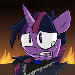 Size: 2000x2000 | Tagged: safe, artist:heedheed, twilight sparkle, twilight sparkle (alicorn), alicorn, pony, clothes, crossover, crying, fire, hell to your doorstep, monsparkle, solo, the count of monte cristo, the count of monte rainbow