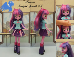 Size: 1023x781 | Tagged: safe, artist:shiveringcanvas, twilight sparkle, equestria girls, book, bowtie, clothes, custom, irl, leg warmers, library, photo, pony eyes, shoes, skirt, toy