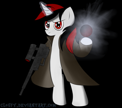 Size: 2500x2200 | Tagged: safe, artist:cloufy, oc, oc only, oc:blackjack, pony, unicorn, fallout equestria, bipedal, black background, clothes, female, gun, hooves, horn, mare, optical sight, rifle, simple background, sniper rifle, solo, weapon