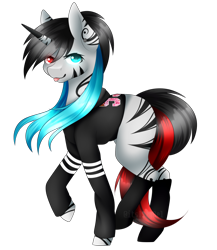 Size: 1024x1180 | Tagged: safe, artist:itsizzybel, oc, oc only, pony, unicorn, clothes, female, heterochromia, mare, raised hoof, shirt, simple background, socks, solo, tongue out, transparent background
