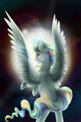 Size: 1024x1536 | Tagged: safe, artist:csox, vapor trail, pegasus, pony, top bolt, female, large wings, looking at you, looking back, looking back at you, mare, open mouth, rear view, rearing, smiling, solo, wings