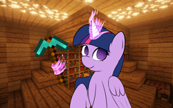 Size: 1680x1050 | Tagged: safe, artist:lyres-art, twilight sparkle, twilight sparkle (alicorn), alicorn, pony, colored pupils, crossover, diamond pickaxe, female, magic, mare, minecraft, pickaxe, smiling, solo, telekinesis