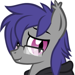 Size: 512x512 | Tagged: safe, artist:the smiling pony, oc, oc only, oc:dusk rhine, bat pony, pony, .svg available, bust, clothes, derpibooru badge, glasses, hoodie, portrait, simple background, smiling, solo, svg, transparent background, vector