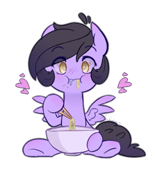 Size: 640x716 | Tagged: safe, artist:jankrys00, oc, oc only, pegasus, pony, bowl, chopsticks, commission, eating, food, heart, noodles, simple background, solo, transparent background