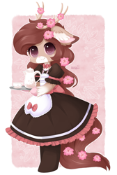 Size: 600x892 | Tagged: safe, artist:exceru-karina, oc, oc only, oc:charity, anthro, deer, clothes, coffee, dress, flower, maid, solo