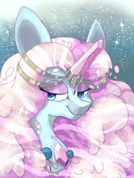 Size: 1024x1365 | Tagged: safe, artist:nebulanovia, oc, oc only, oc:dazzling, original species, pond pony, pony, bust, crystal horn, female, mare, portrait, smiling, solo