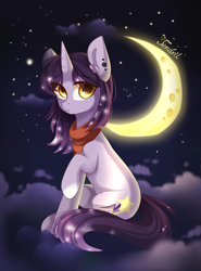 Size: 1024x1382 | Tagged: safe, artist:ten-dril, oc, oc only, oc:twinkle starfall, pony, unicorn, cloud, female, mare, moon, night, raised hoof, sitting, solo