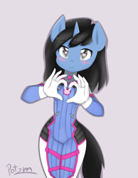 Size: 3500x4500 | Tagged: safe, artist:potzm, oc, oc only, oc:tinker doo, anthro, unicorn, absurd resolution, clothes, cosplay, costume, d.va, female, heart eyes, mare, overwatch, rule 63, solo, wingding eyes