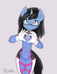 Size: 3500x4500 | Tagged: safe, artist:potzm, oc, oc only, oc:tinker doo, anthro, unicorn, absurd resolution, clothes, cosplay, costume, d.va, female, glasses, heart eyes, mare, overwatch, rule 63, solo, wingding eyes