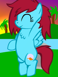 Size: 1200x1600 | Tagged: safe, artist:toyminator900, oc, oc only, oc:autumn moon, pegasus, pony, chest fluff, dusk, palm tree, rock, solo, sun, tree, water